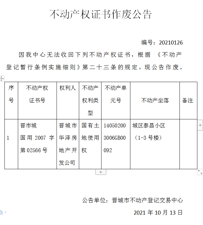 不动产权证书作废公告（五百一十八）20210126(图1)
