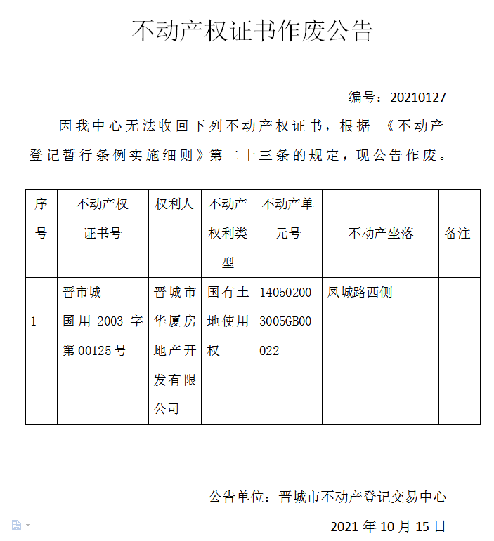 不动产权证书作废公告（五百一十九）20210127(图1)