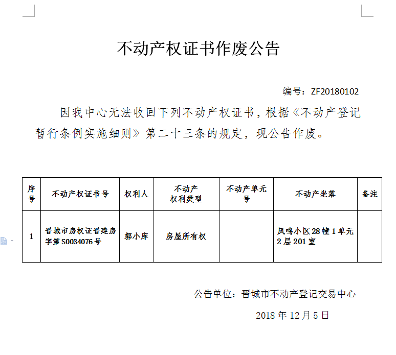 不动产权证书作废公告（一百O二）(图1)