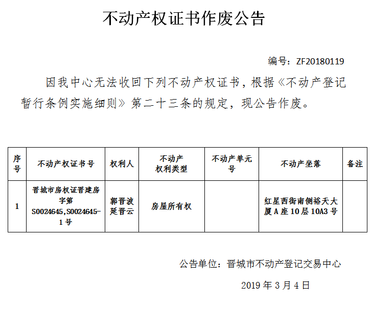 不动产证书作废公告（一百一十九）(图1)