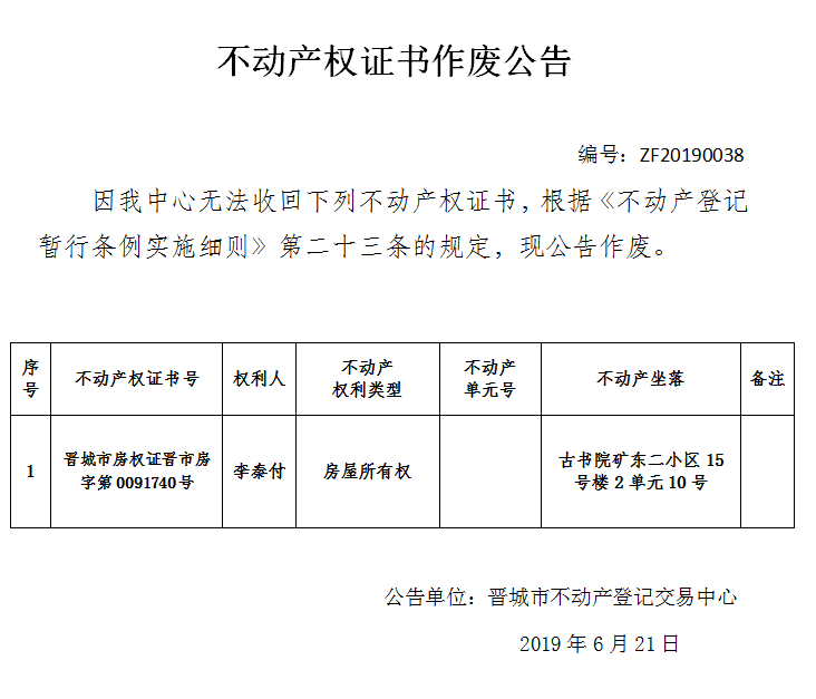不动产权证书作废公告（一百六十一）20190038(图1)