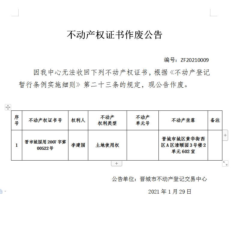 不动产权证书作废公告（四百零一）20210009(图1)