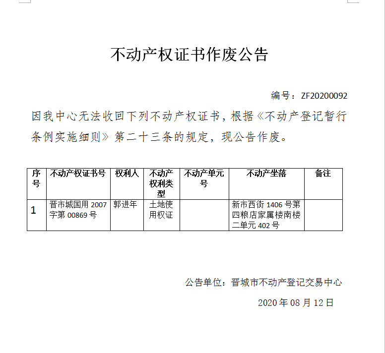 不动产权证书作废公告（三百三十六）20200092(图1)