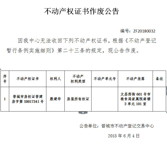 不动产权证书作废公告（三十二）(图1)