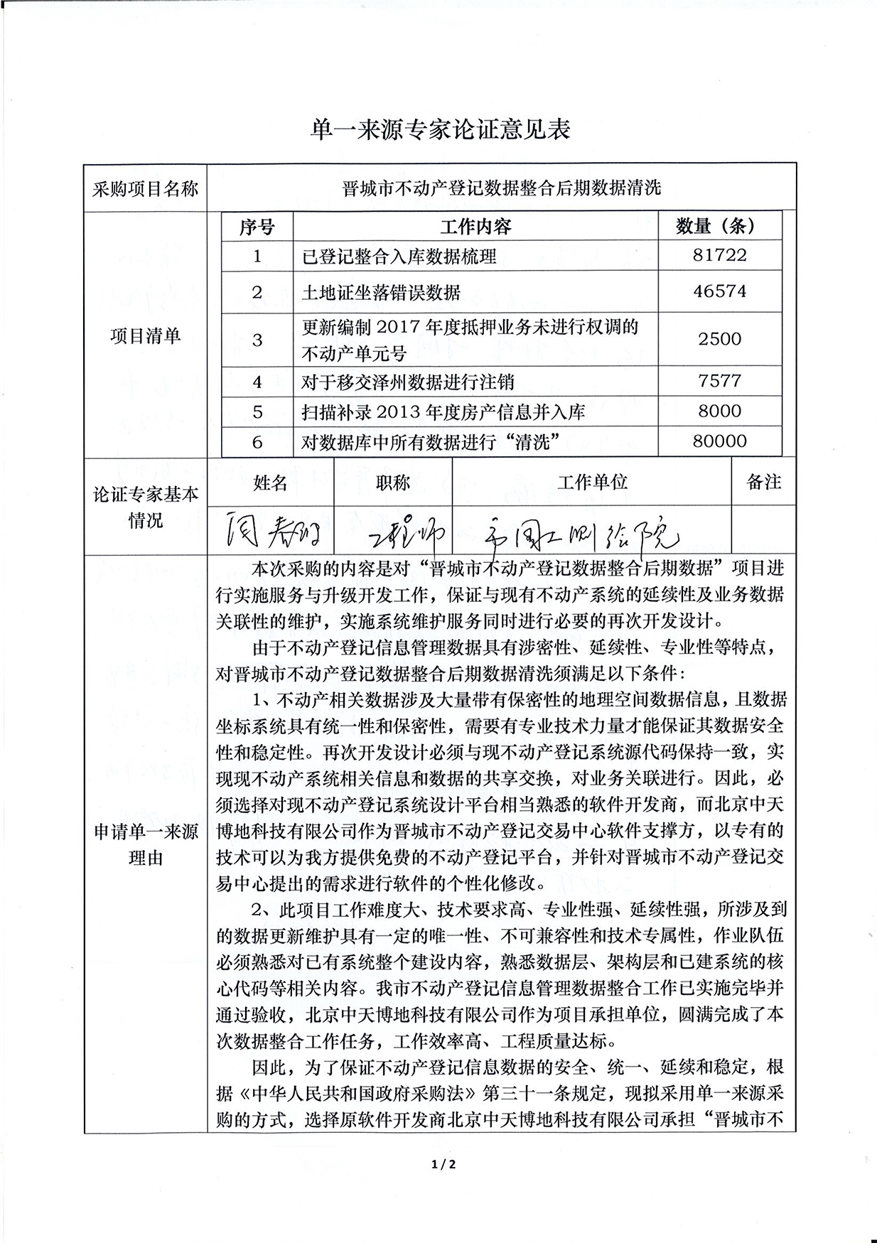  “晋城市不动产登记数据整合后期数据清洗”项目采用单一来源方式采购公示(图1)