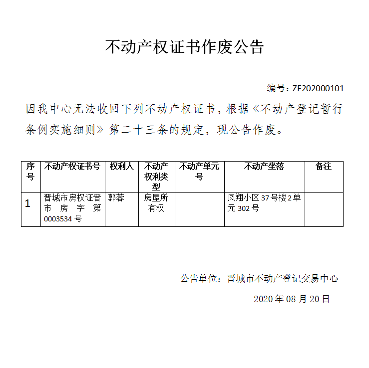 不动产权证书作废公告（三百四十五）202000101(图1)