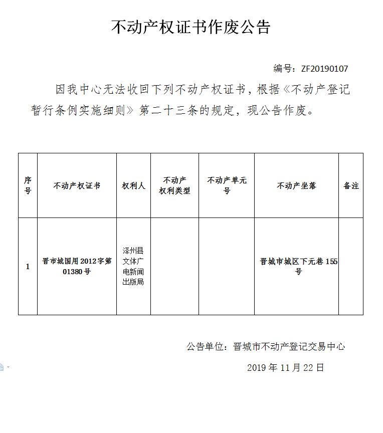 不动产权证书作废公告（二百二十九）20190107(图1)