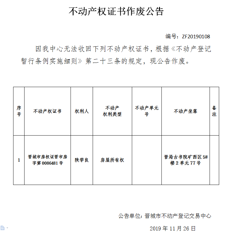 不动产权证书作废公告（二百三十）20190108(图1)