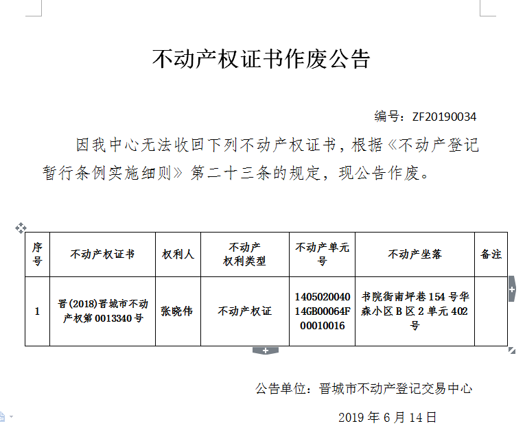 不动产权证书作废公告（一百五十七）20190034(图1)