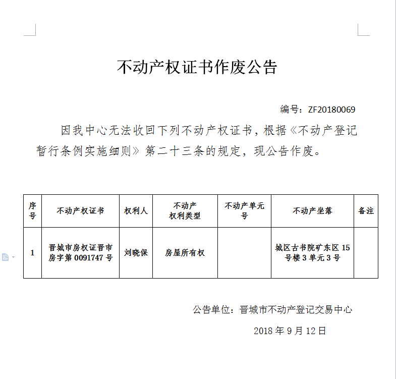 不动产权证书作废公告（六十九）(图1)