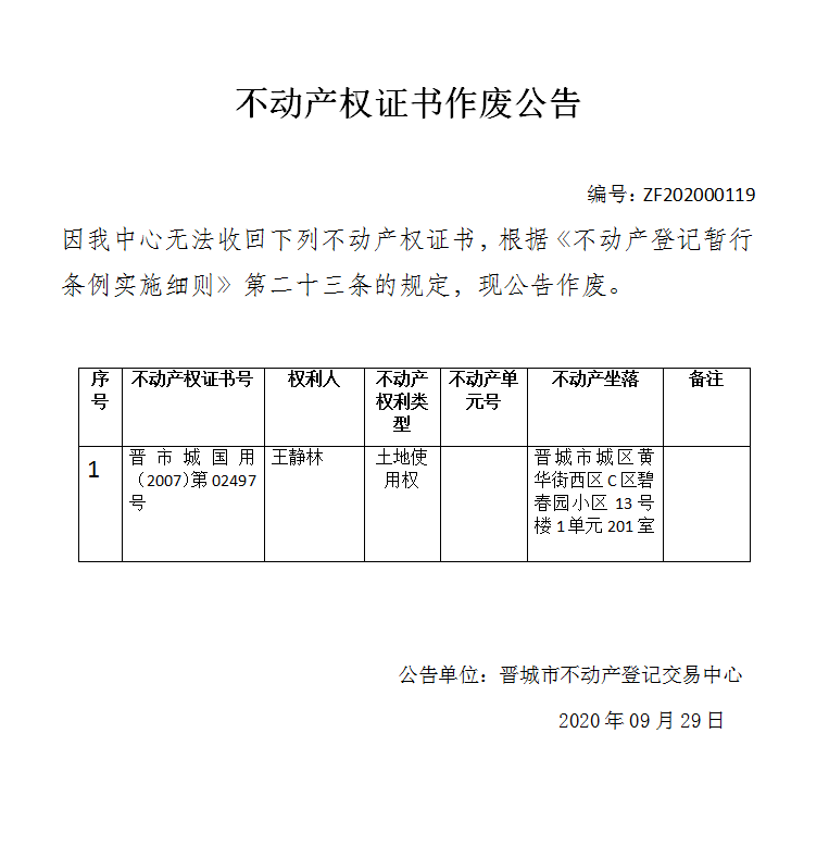 不动产权证书作废公告（三百六十二）202000119(图1)