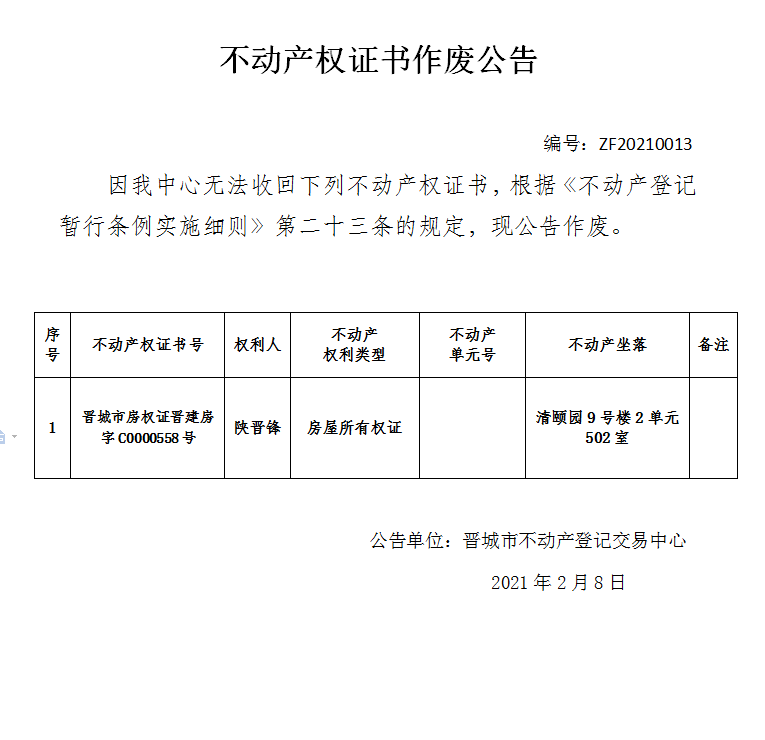 不动产权证书作废公告（四百零五号）20210013(图1)