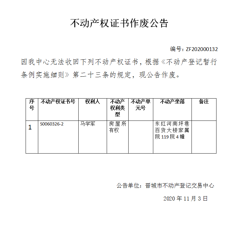 不动产权证书作废公告（三百七十五）202000132(图1)