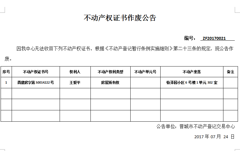 不动产权证书作废公告（二十一）(图1)