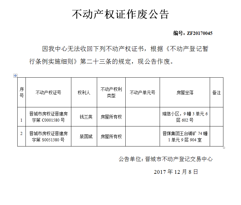 不动产权证作废公告（四十五）(图1)