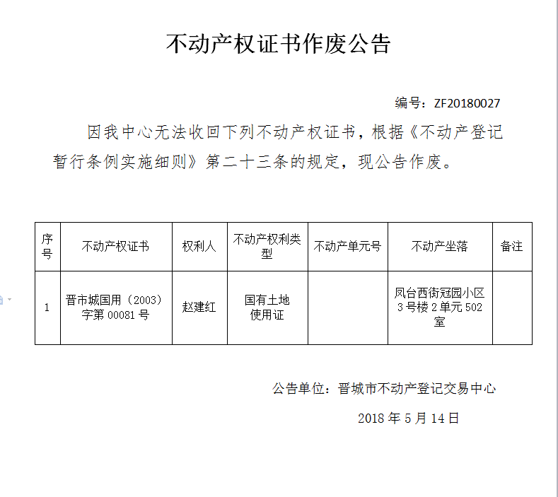 不动产权证书作废公告（二十七）(图1)