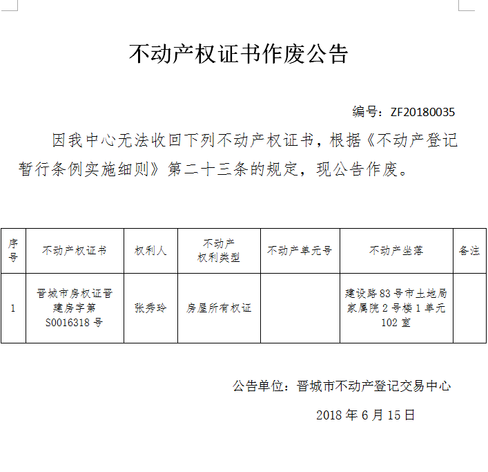 不动产权证书作废公告（三十五）(图1)