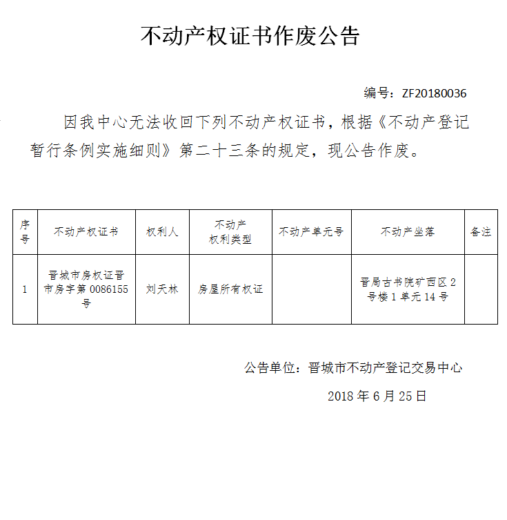 不动产权证书作废公告（三十六）(图1)