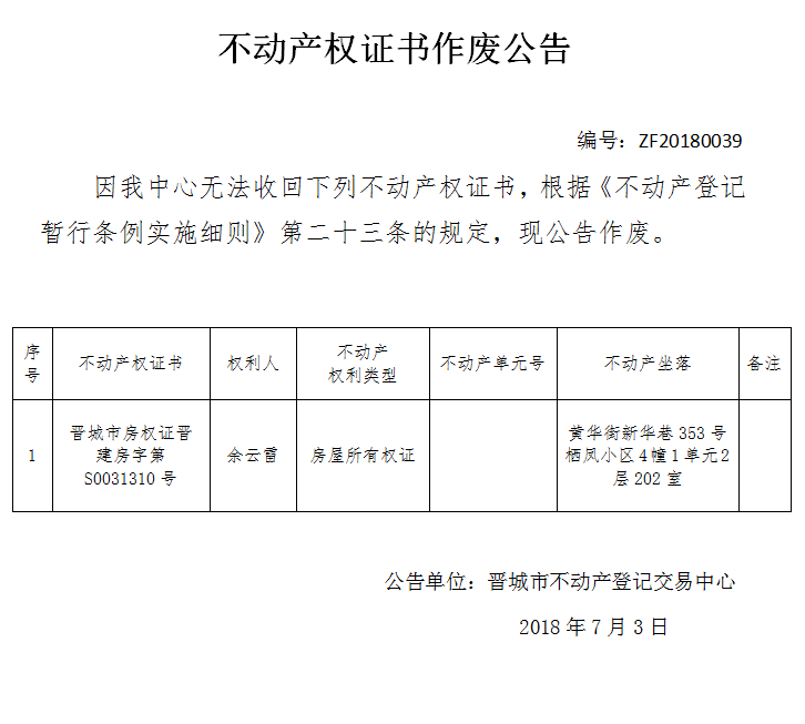 不动产权证书作废公告（三十九）(图1)