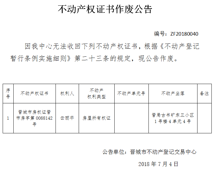 不动产权证书作废公告（四十）(图1)