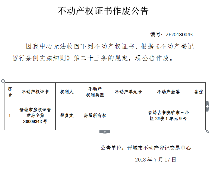 不动产权证书作废公告（四十三）(图1)