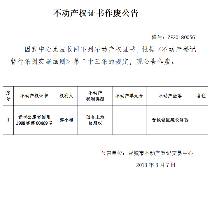 不动产权证书作废公告（五十六）(图1)