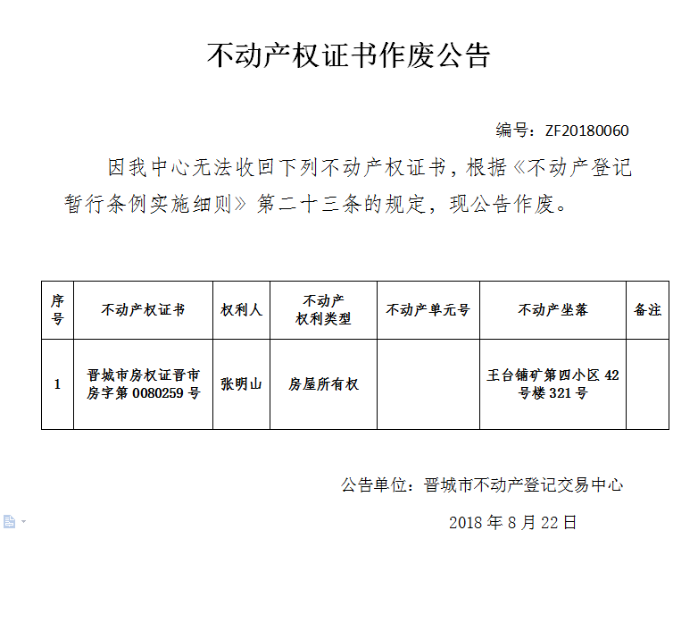 不动产权证书作废公告（六十）(图1)