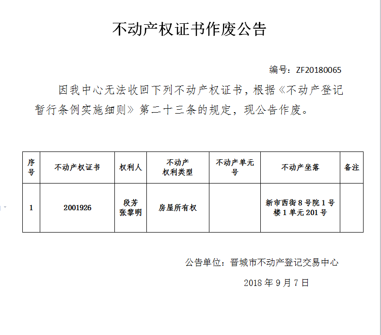 不动产权证书作废公告（六十五）(图1)