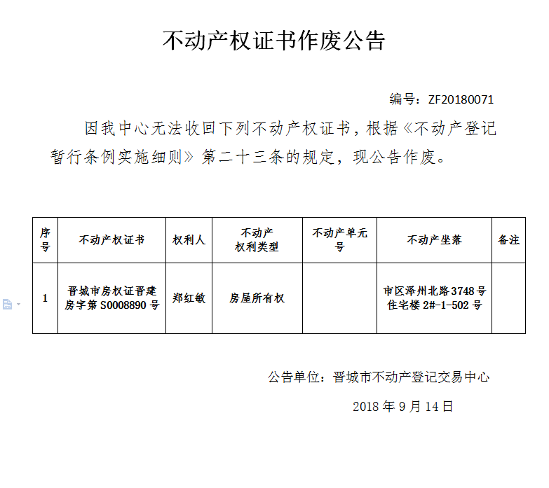 不动产权证书作废公告（七十一）(图1)