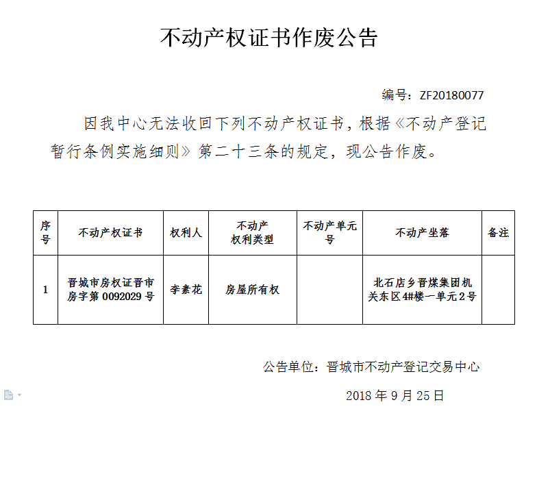 不动产权证书作废公告（七十七）(图1)