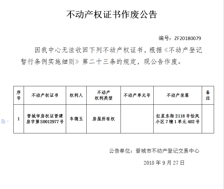 不动产权证书作废公告（七十九）(图1)