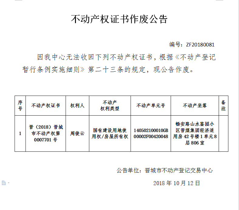 不动产权证书作废公告（八十一）(图1)