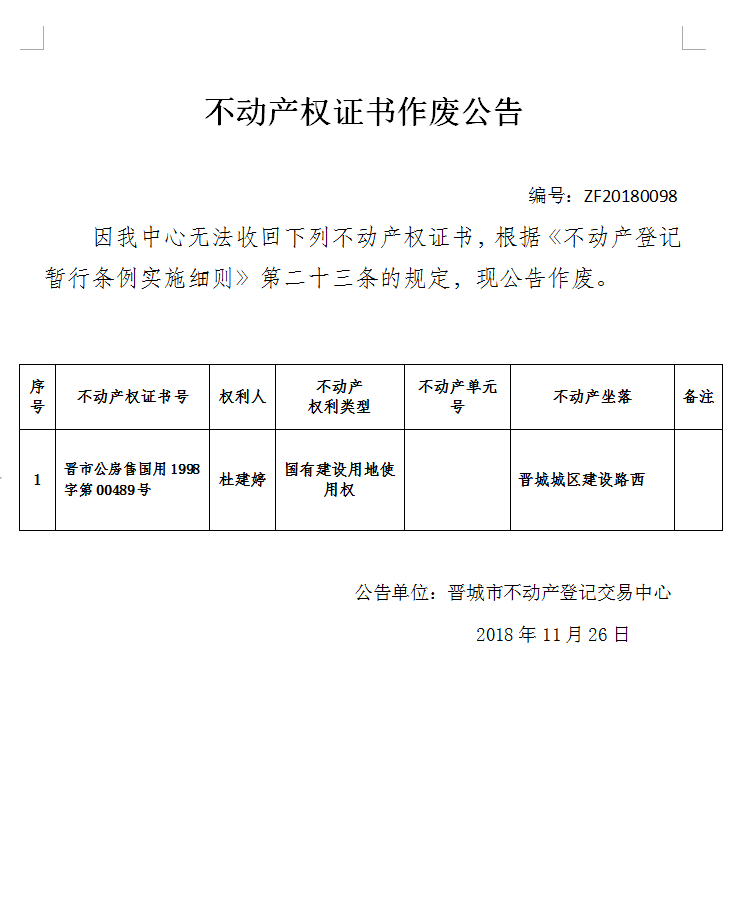 不动产权证书作废公告（九十八）(图1)