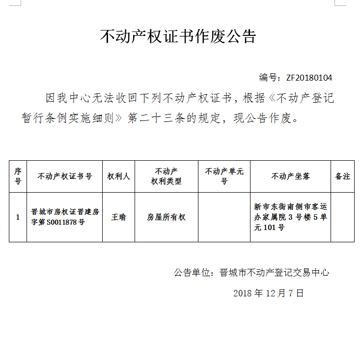 不动产权证书作废公告（一百零四）(图1)