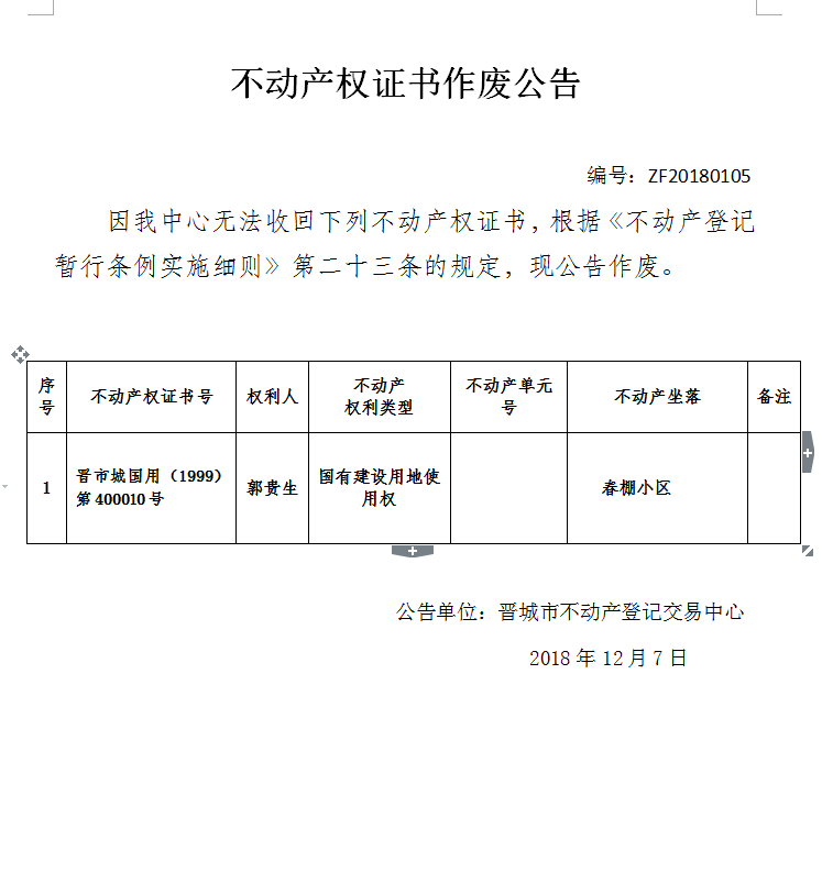 不动产权证书作废公告（一百零五）(图1)