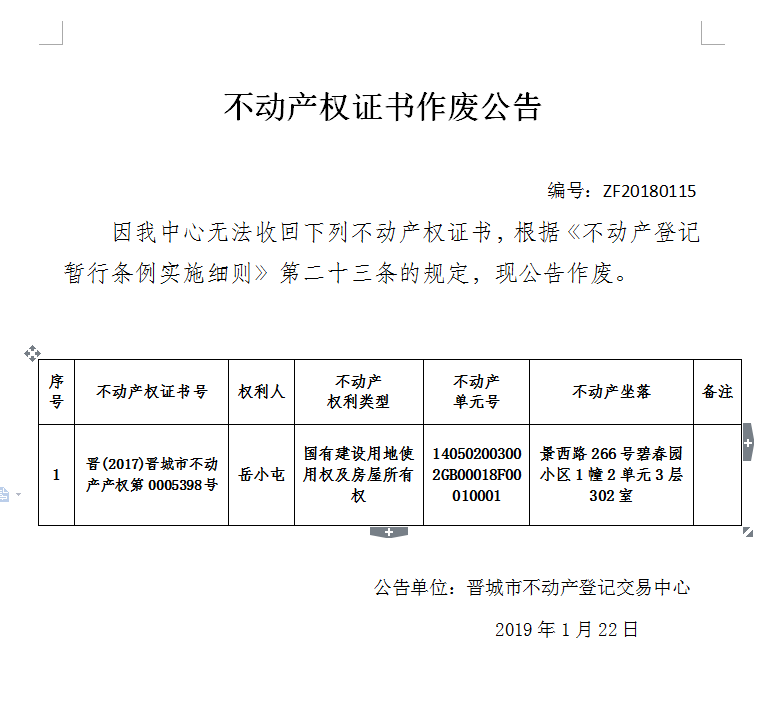 不动产权证书作废公告（一百一十五）(图1)