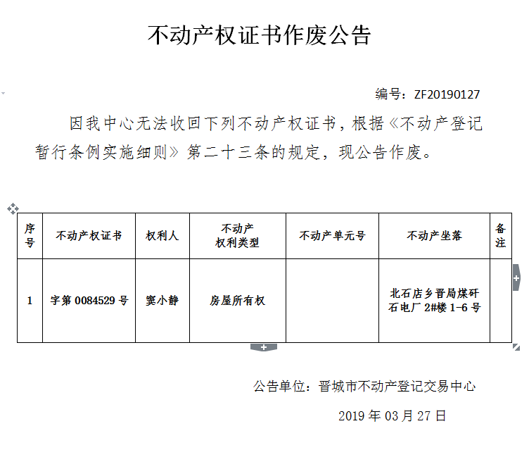 不动产权证书作废公告（一百二十七）(图1)