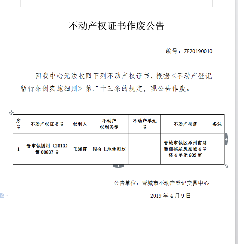不动产权证书作废公告（一百三十三）20190010(图1)
