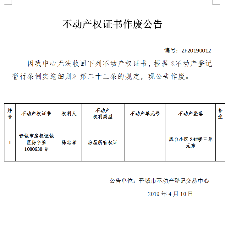 不动产权证书作废公告（一百三十五）20190012(图1)