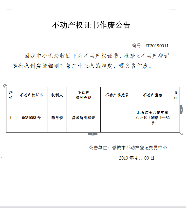 不动产权证书作废公告（一百三十四）20190011(图1)