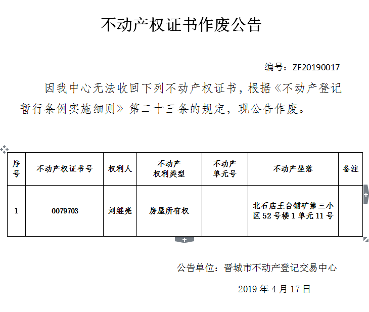 不动产权证书作废公告（一百四十）20190017(图1)