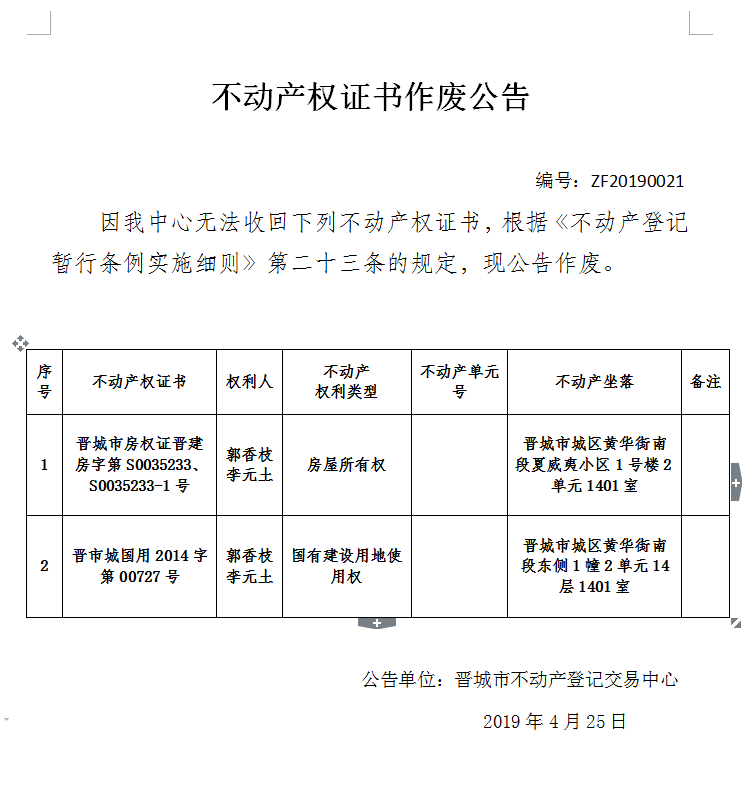 不动产权证书作废公告（一百四十四）20190021(图1)