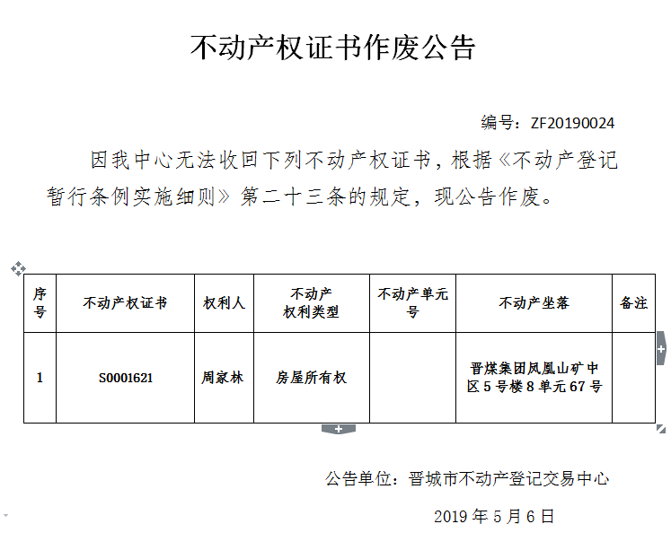 不动产权证书作废公告（一百四十七）20190024(图1)