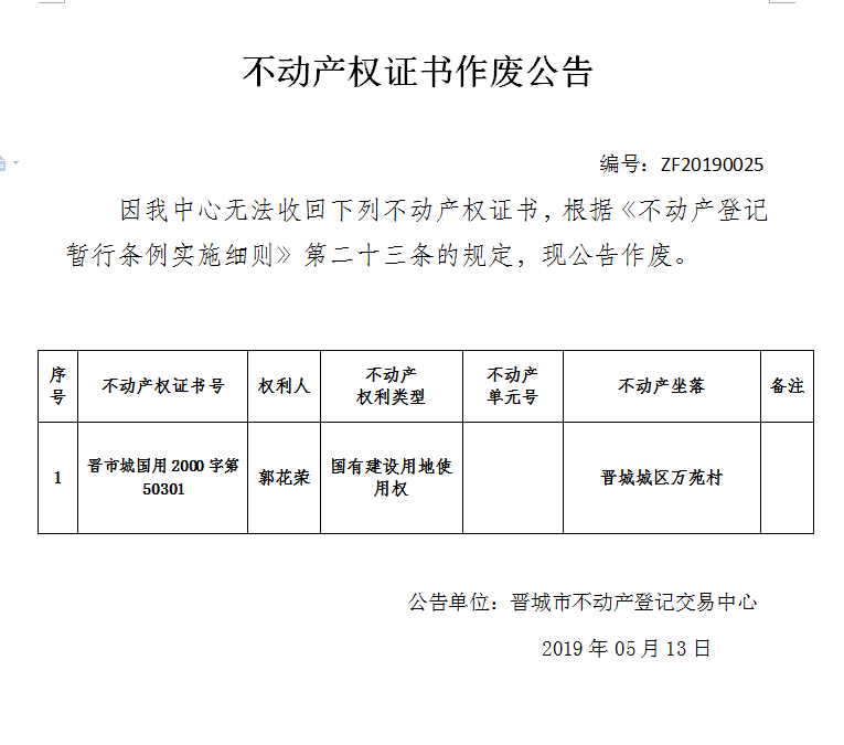 不动产权证书作废公告（一百四十八）20190025(图1)