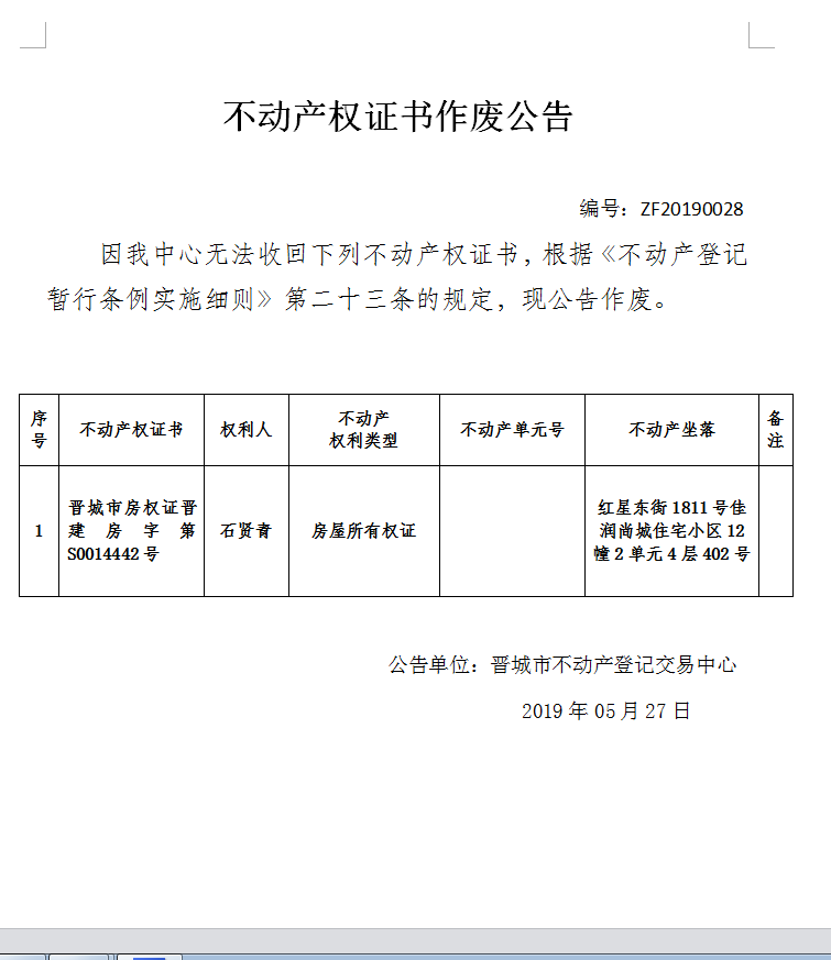 不动产权证书作废公告（一百五十一）20190028(图1)