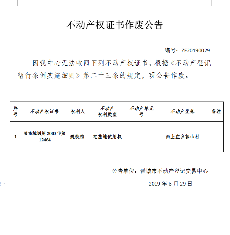 不动产权证书作废公告（一百五十二）20190029(图1)