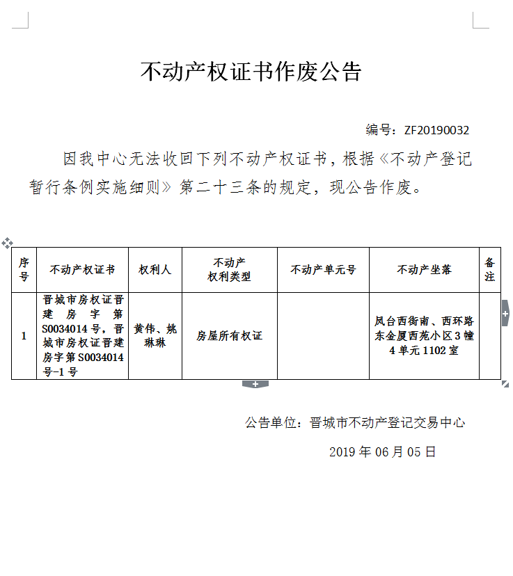 不动产权证书作废公告（一百五十五）20190032(图1)