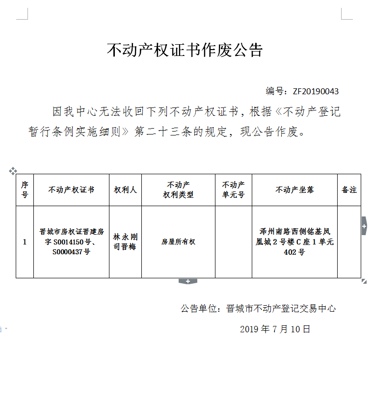不动产权证书作废公告（一百六十六）20190043(图1)