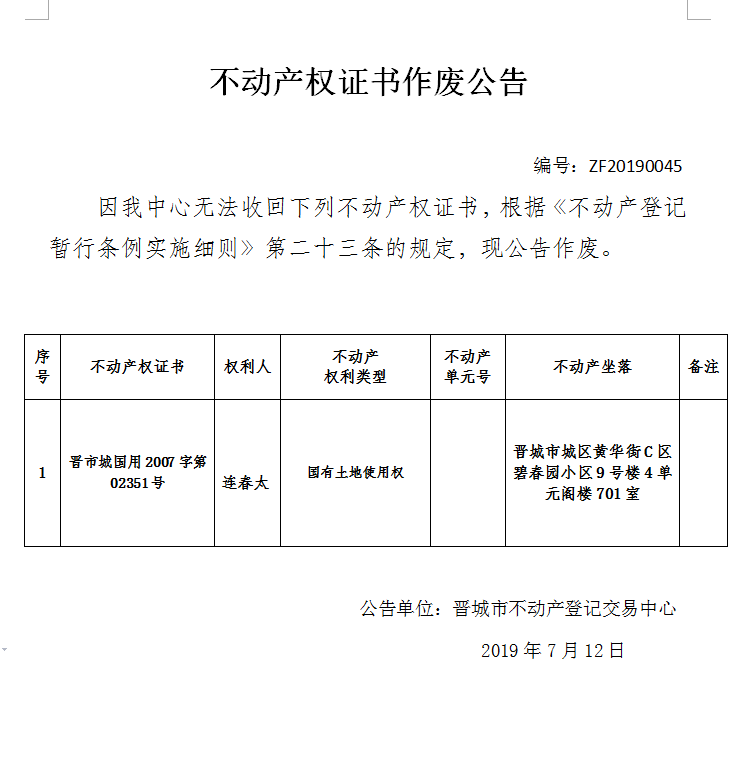 不动产权证书作废公告（一百六十八）20190045(图1)