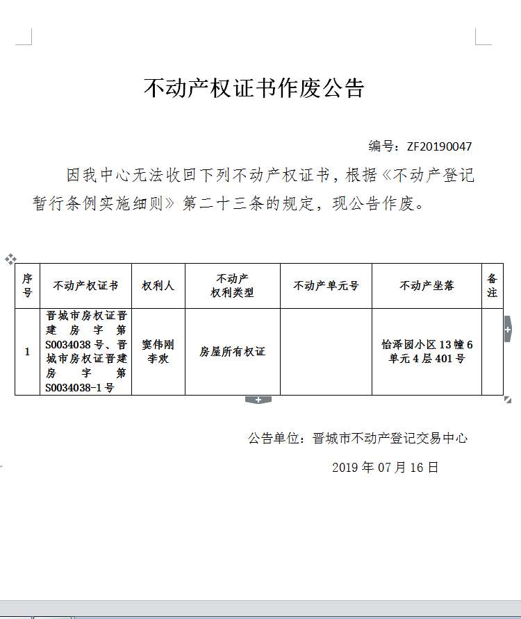 不动产权证书作废公告（一百七十）20190047(图1)